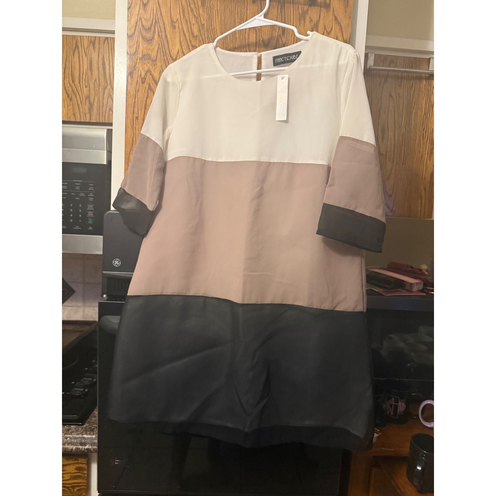 Fancyoube Women Colorblock Shift Dress Cream Taupe Black Half Sleeve Size XL NWT